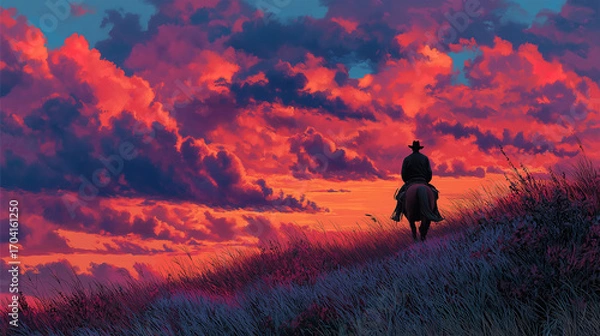 Fototapeta Patriotic scene showing a man riding a horse for Veteran’s Day tribute and remembrance