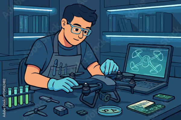 Fototapeta Drone engineer or scientist repairing a drone with tools in a futuristic lab, a tech illustration.