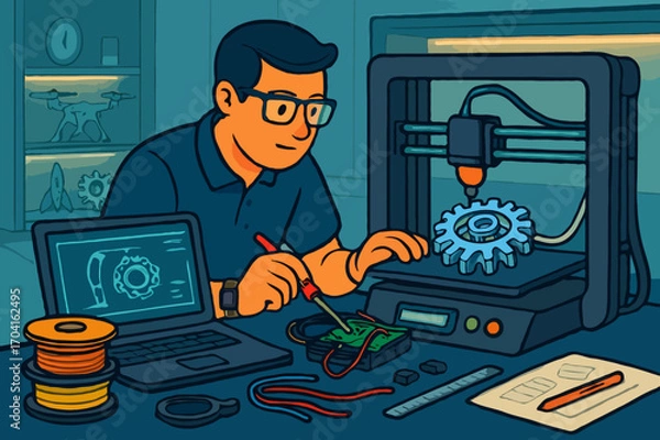 Fototapeta Engineer with glasses using a 3D printer and soldering iron to create a prototype.