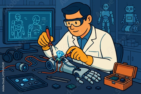 Fototapeta Robotics engineer or scientist building an advanced humanoid robot arm in a modern research lab.