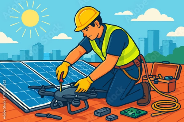 Fototapeta Solar panel technician on a rooftop repairing a drone for inspection, a renewable energy vector illustration.