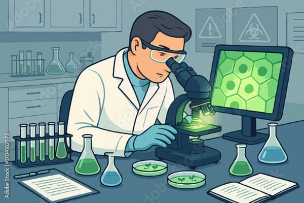 Fototapeta Scientist or biologist in a lab using a microscope to study cells and genetic engineering.