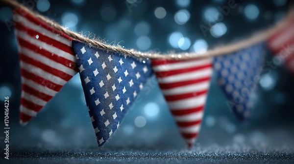 Fototapeta Presidents Day festive design with American flags ribbon and stars representing Independence