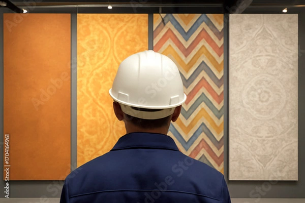 Fototapeta Male Architect or Designer in a Hard Hat Choosing Wall and Floor Tile Samples with Modern Decorative Patterns