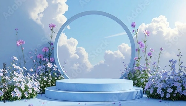 Fototapeta Idyllic scene with platform, flowers, and sky suggesting product display or nature's beauty