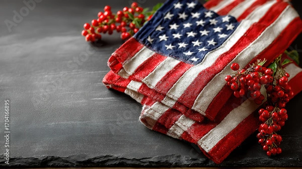 Fototapeta American Flags Set On Blackboard Background Honoring Veterans Day Tribute And Celebration