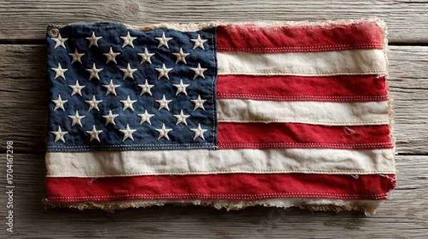 Fototapeta Patriotic United States Flag Display With Blank Space For Text On White Worn Wood Background