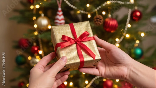Fototapeta Christmas gift wrapped in golden paper with red ribbon being exchanged near decorated tree with lights and ornaments