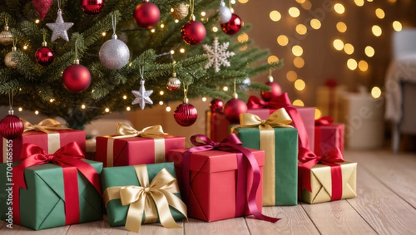 Fototapeta Christmas presents in red and green wrapping with ribbons under decorated tree with lights and ornaments indoors