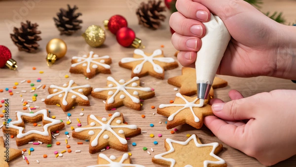 Fototapeta Christmas cookies being decorated with white icing by hand on wooden table with festive ornaments and sprinkles