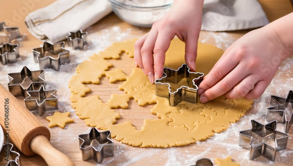Fototapeta Christmas cookie dough being cut with star-shaped molds by hands on floured wooden surface in festive kitchen setting