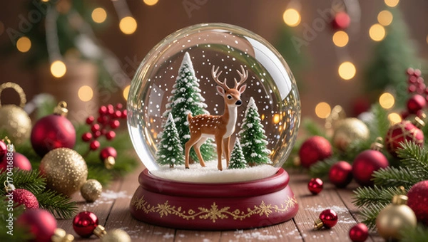 Fototapeta Christmas snow globe with reindeer and snow-covered trees on festive wooden table with ornaments and pine branches