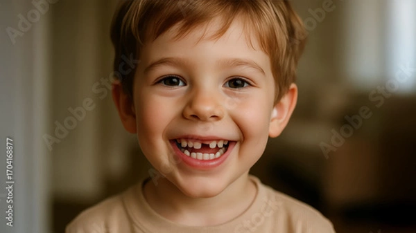 Fototapeta Happy smiling young boy with missing tooth looking at camera indoors, natural light portrait