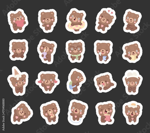 Fototapeta Teddy bear character set in scandinavian style showing different emotions and poses including valentine, reading, studying, eating, drinking, holiday, school, food, cinema