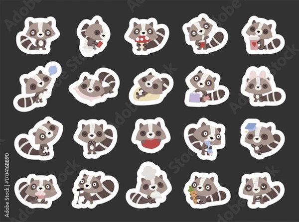 Fototapeta Raccoon character set in scandinavian style showing different emotions and poses including sleeping, studying, cooking, shopping, celebrating, reading, singing relaxing and holding food