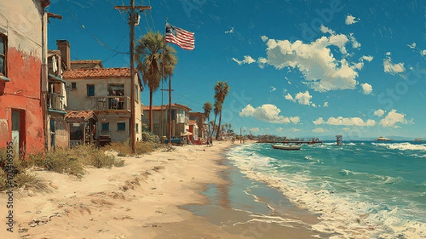 Fototapeta American flag waving proudly on Venice Beach with a scenic coastal background and clear sky