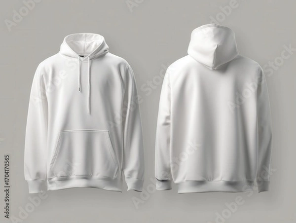 Fototapeta A plain white hooded sweatshirt, front and back views, against a solid light gray background.