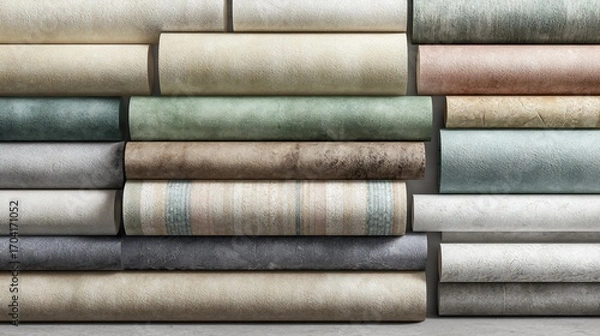 Fototapeta Rolled textured wallpapers in soft, neutral hues stacked in horizontal rows