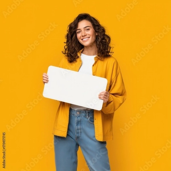 Fototapeta A cheerful young woman displays a blank sign, inviting your message or announcement with a smile.