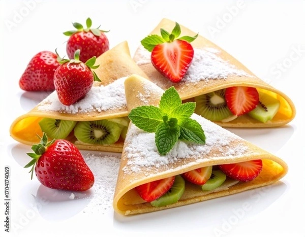 Fototapeta Sweet crepes filled with fresh strawberry and kiwi dusted with powdered sugar and garnished with mint on a white background.