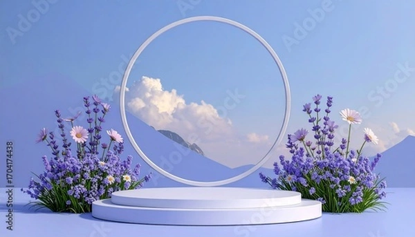 Fototapeta Floral arrangement and podium against a sky backdrop with clouds and mountains
