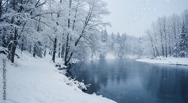 Fototapeta Snowy Winter Landscape with Frozen River and Snow Covered Trees in Cold Forest Scene