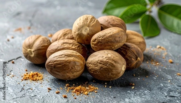 Obraz Pile of nutmeg seeds on dark stone