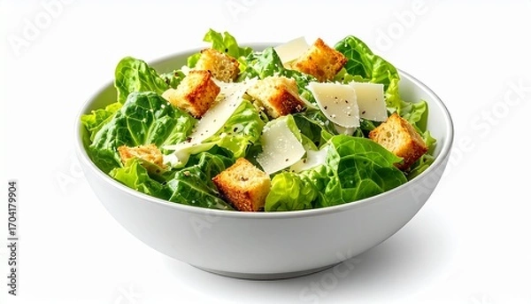 Fototapeta A delicious bowl of Caesar salad with fresh romaine lettuce golden croutons shaved parmesan and black pepper on a white background.