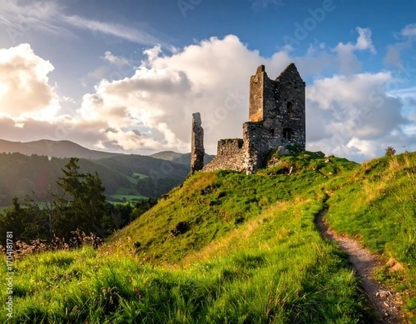 Obraz Ruined tower on grassy hill at sunset