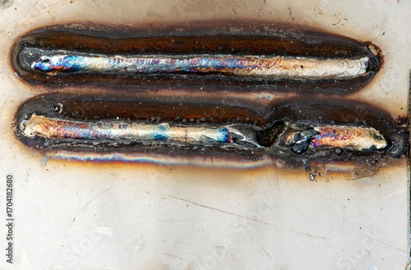 Fototapeta Close-up of several welding test beads on metal plates, showing different welding techniques and heat discoloration. Industrial background with practice welds on steel sheets placed on the ground."