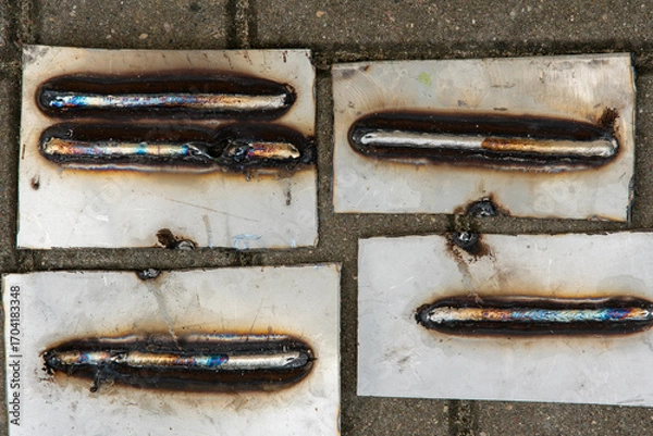 Fototapeta Close-up of several welding test beads on metal plates, showing different welding techniques and heat discoloration. Industrial background with practice welds on steel sheets placed on the ground."