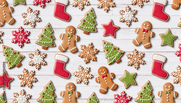 Fototapeta Christmas gingerbread cookies in festive shapes like trees, snowflakes, and stars on white wooden background. Holiday baking concept.