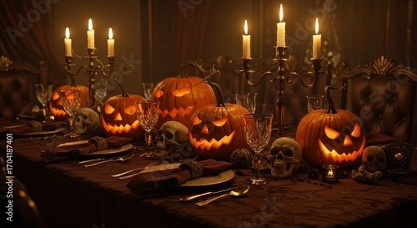 Fototapeta Spooky halloween dinner table with glowing jack-o'-lanterns and skull decor