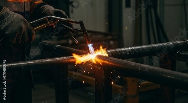 Fototapeta Industrial welding process with torch and sparks on steel pipes