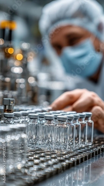 Fototapeta Laboratory technician preparing vaccine vials in a sterile environment during a busy production day