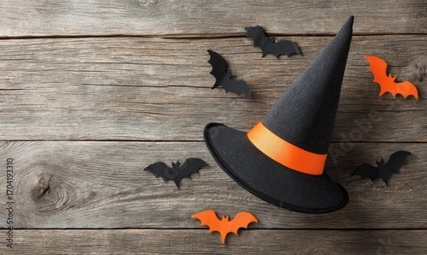 Fototapeta Witch's hat and paper bats on rustic wooden background, Halloween decoration.