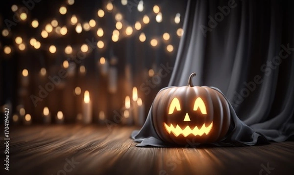 Fototapeta Illuminated jack-o'-lantern rests on wooden floor, candles and fairy lights blur in background.
