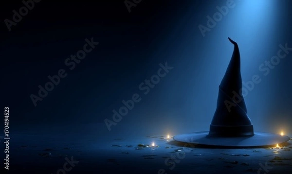 Fototapeta A witch's pointed hat sits on a dark stage, illuminated by candles, creating a mystical Halloween scene.
