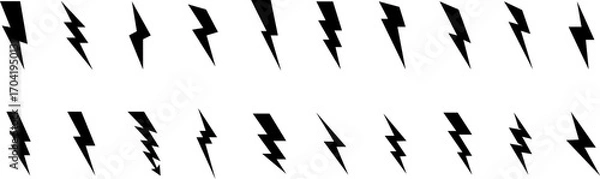 Fototapeta Lightning Icon Symbol. Thunderbolt shock icon collection. Yellow lightning burst, shouting. Energetic electric flashes for  power, speed, danger or action effects. Isolated vector icons set.