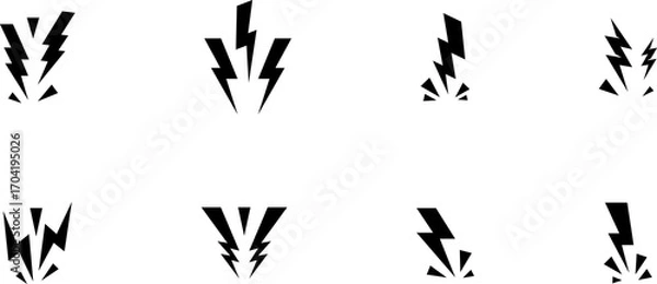 Fototapeta Lightning Icon Symbol. Thunderbolt shock icon collection. Yellow lightning burst, shouting. Energetic electric flashes for  power, speed, danger or action effects. Isolated vector icons set.