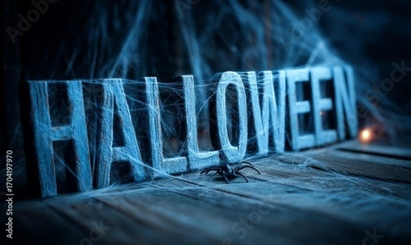 Fototapeta Spooky Halloween scene with spiderwebs, letters spelling "Halloween," and a small spider.