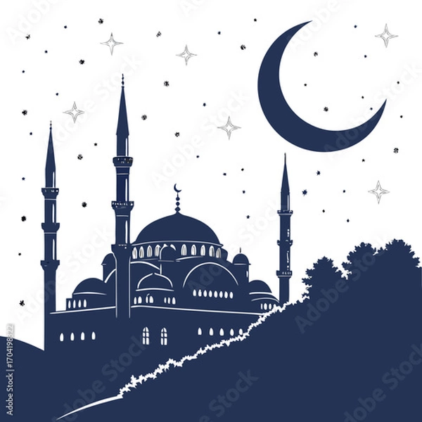 Fototapeta Silhouette of a grand mosque with multiple minarets and domes under a crescent moon and starry night sky with stylized trees in the foreground