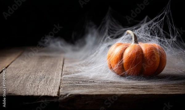 Fototapeta A small orange pumpkin rests on a rustic wooden table, partially obscured by a wispy spiderweb.