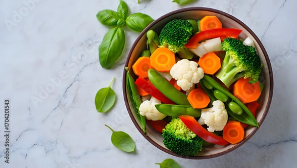 Fototapeta Vibrant bowl of mixed healthy fresh vegetables including broccoli cauliflower carrots and peas with basil leaves top view