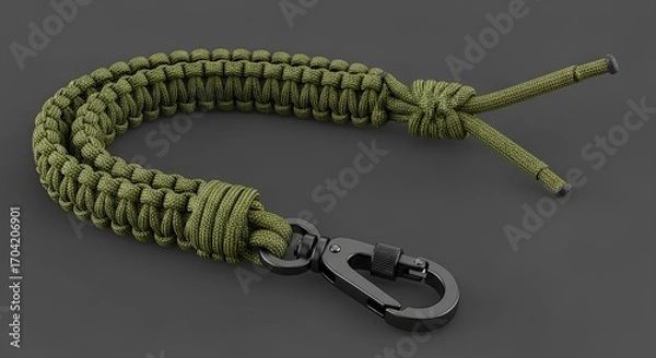 Fototapeta Olive Green Paracord Keychain with Carabiner Durable & Stylish Accessory