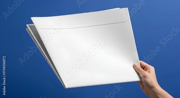 Fototapeta Realistic mockup of a hand holding a blank newspaper. Empty page for your design or headline, isolated on a blue background