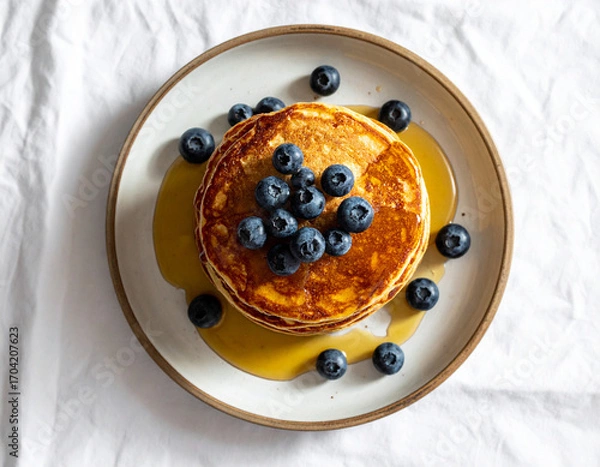Fototapeta Banana Pancakes with Blueberries and Maple Syrup on Ceramic Plate