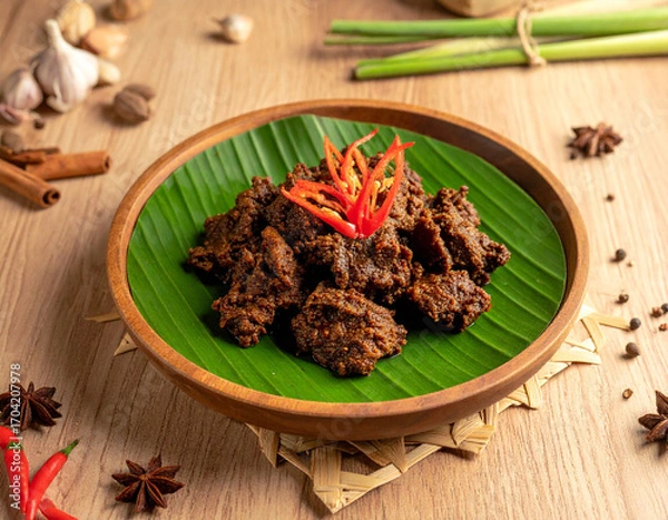 Fototapeta Traditional Indonesian Beef Rendang Served on Banana Leaf Plate