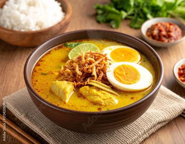 Fototapeta Indonesian Soto Ayam with Boiled Egg, Fried Shallots, and Lime