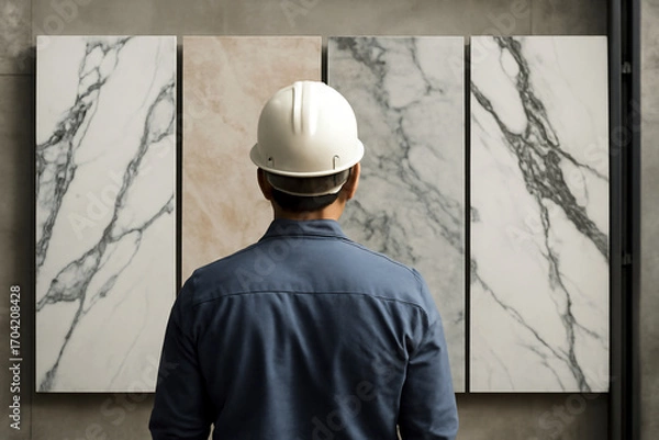 Fototapeta Male Architect or Contractor in a Hard Hat Contemplating a Variety of Marble and Granite Slab Samples for a Construction Project